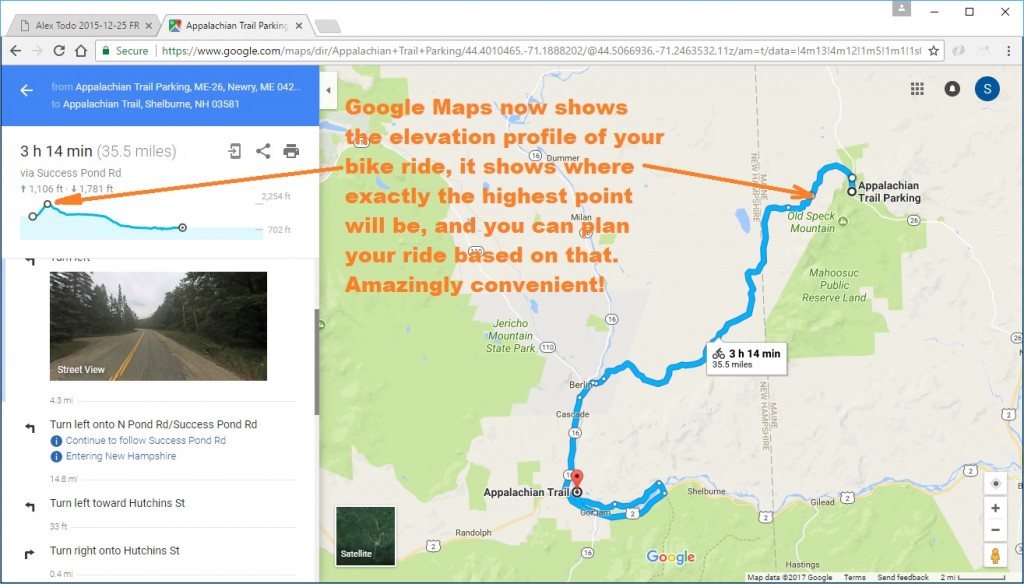 Google Maps shows elevation profile for bike rides