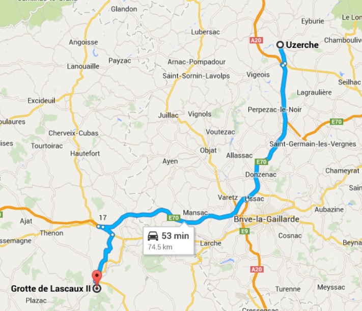Map - from Uzerche to Grotte de Lascaux - Montignac